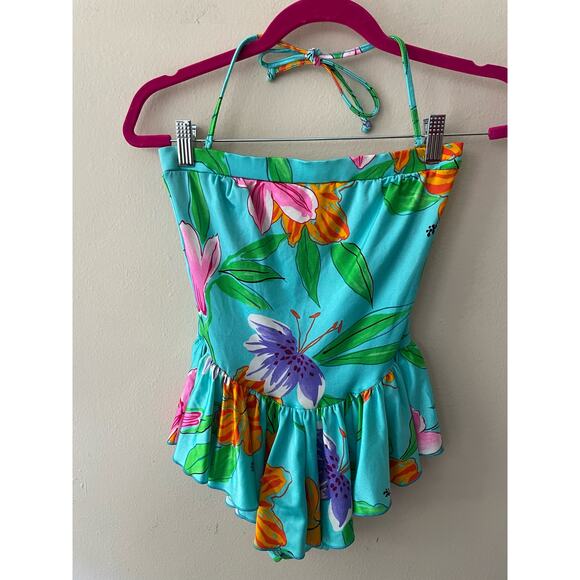 Size XS - Vintage 70s/80s Cole of California Blue Floral Peplum Swimsuit - Picture 1 of 8